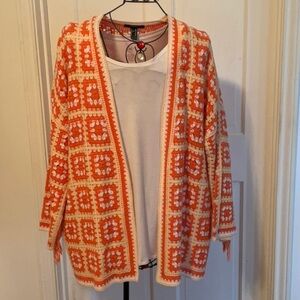 🍊🍊🍊BOGOHO🍊🍊🍊Orange and Cream Crochet Cardigan Sweater and White Top-2fer